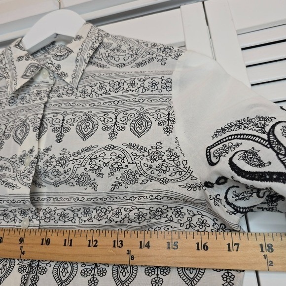 CHICO'S Paisley‎ Eyelet Shirt Black White Cotton Sz OP - 2P Boho Romantic Blouse - Picture 10 of 13